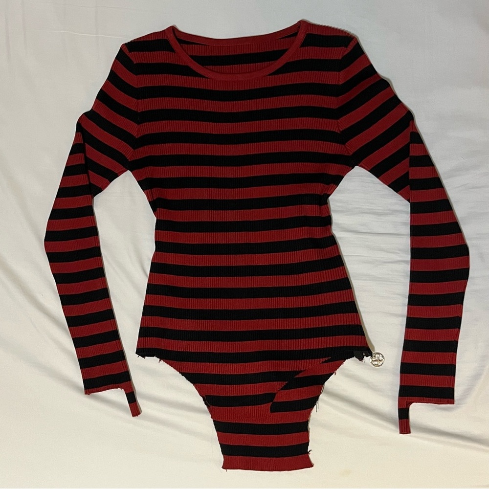 Red & Black Striped Long Sleeve Shirt /w Zipper Y2K Emo Goth Scene Grunge